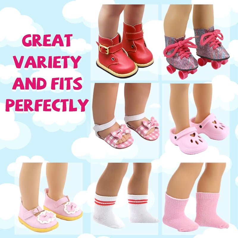 Wiydsha Store 18 inch Doll Shoes - 5 Pairs of Different Types (Boots/Roller Skates/Sandals/Clogs) + 2 Pairs of Pink/White Socks 18 in Doll Accessories 18‘’Pink American Doll Accessories - Image 3